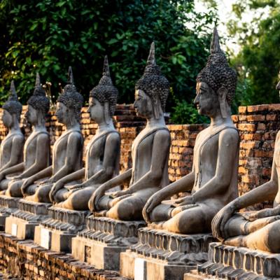 Sochy Budhu v zoskupení za sebou v historickom mesto Ayutthaya. Thajsko.