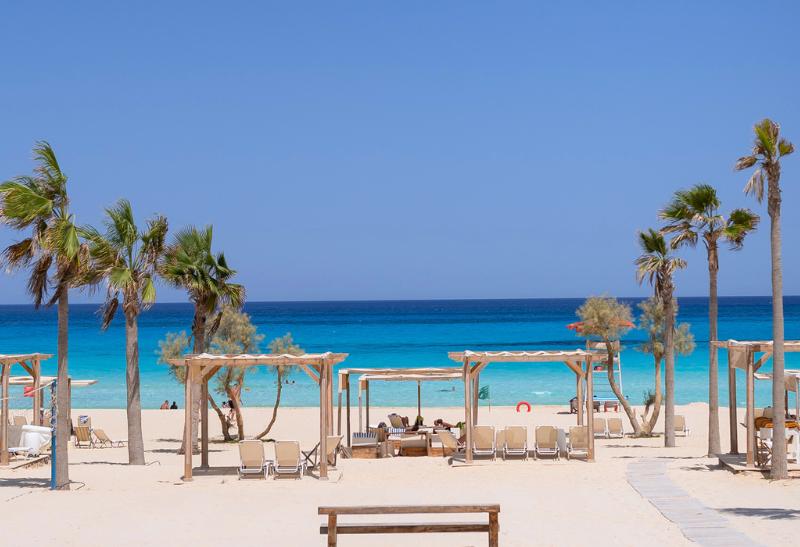 Piesková pláž, palmy, tyrkysové more, lehátka a slnečníky. Marsa Matrouh, Egypt